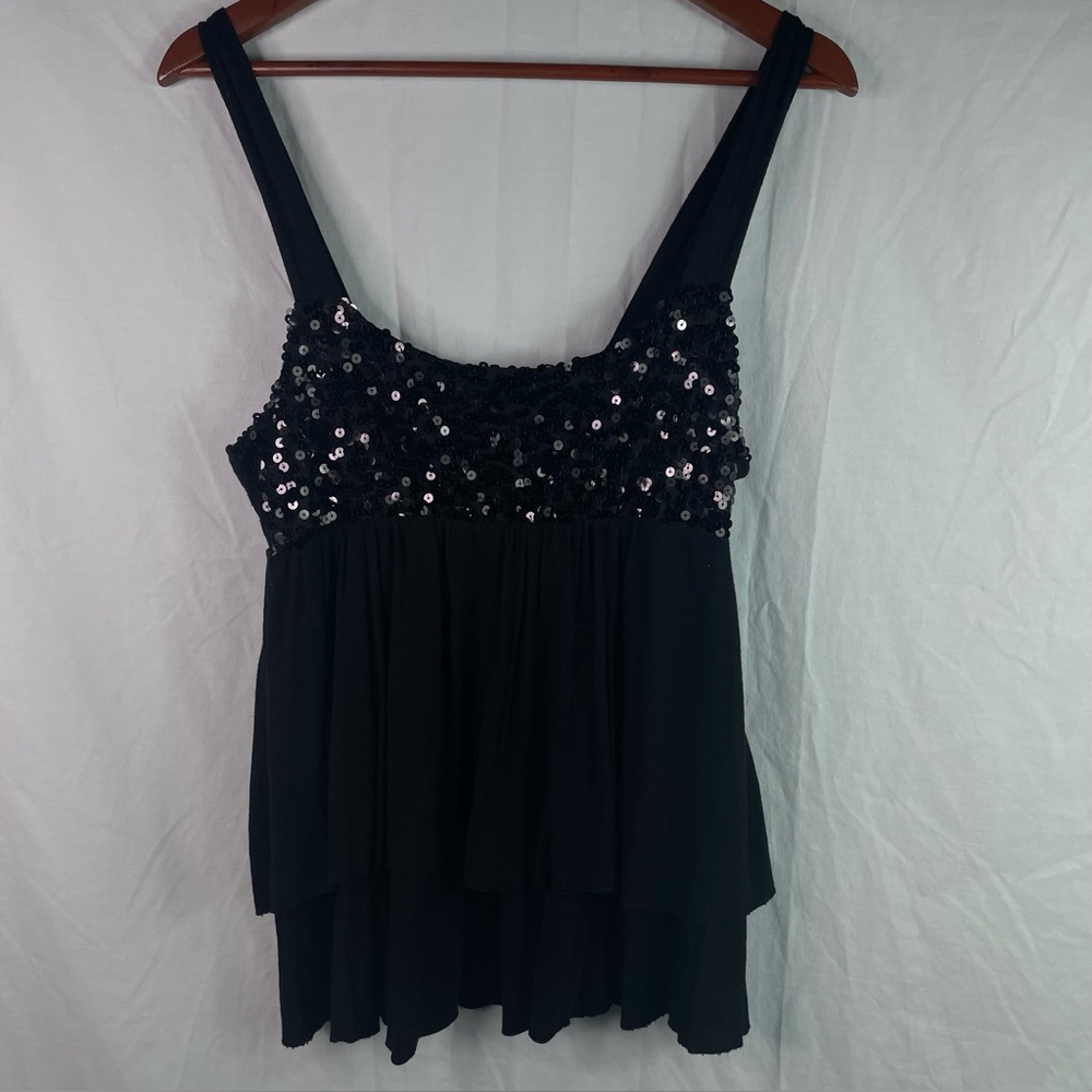 Vintage Charming Charlie Y2K Babydoll Sequin Layer Crop Top Size L Black Boho